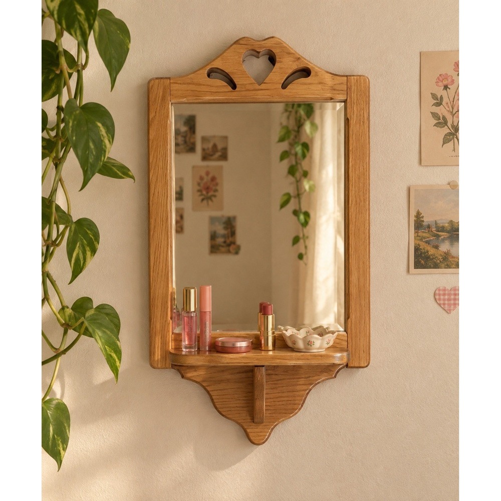 Vtg Wood Wall Mirror Oval Heart Cutout 17x6x28 Vanity Trinket